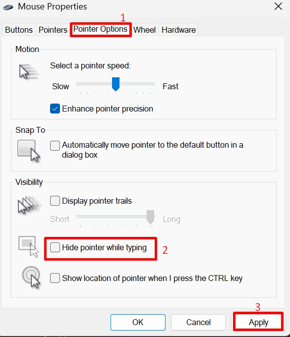 Uncheck the box for hide pointer while typing in pointer options tab