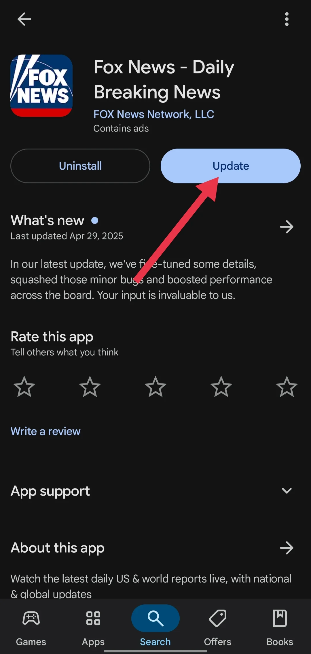Update Fox News app from App Store or Play Store