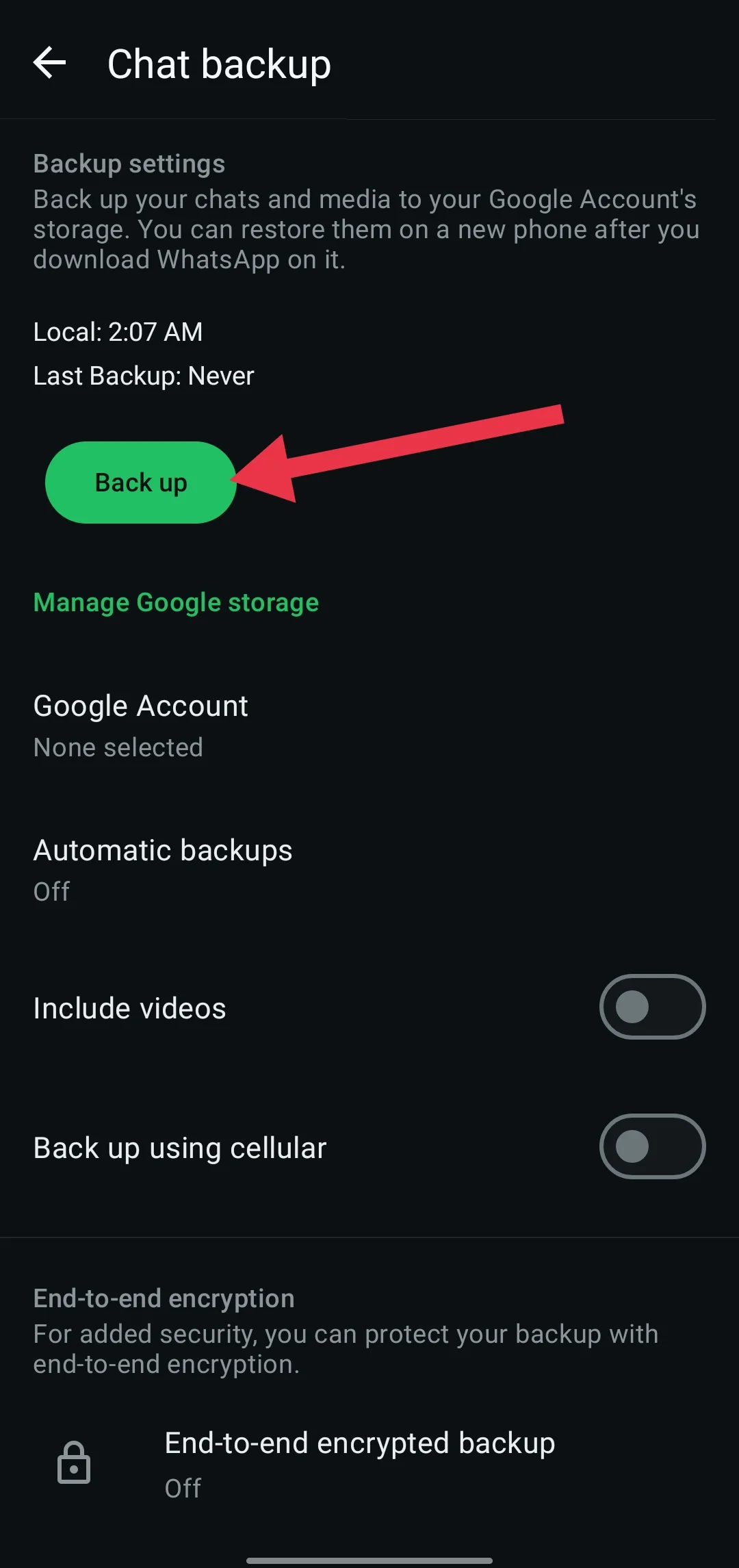 WhatsApp chat backup settings showing the option to back up chats