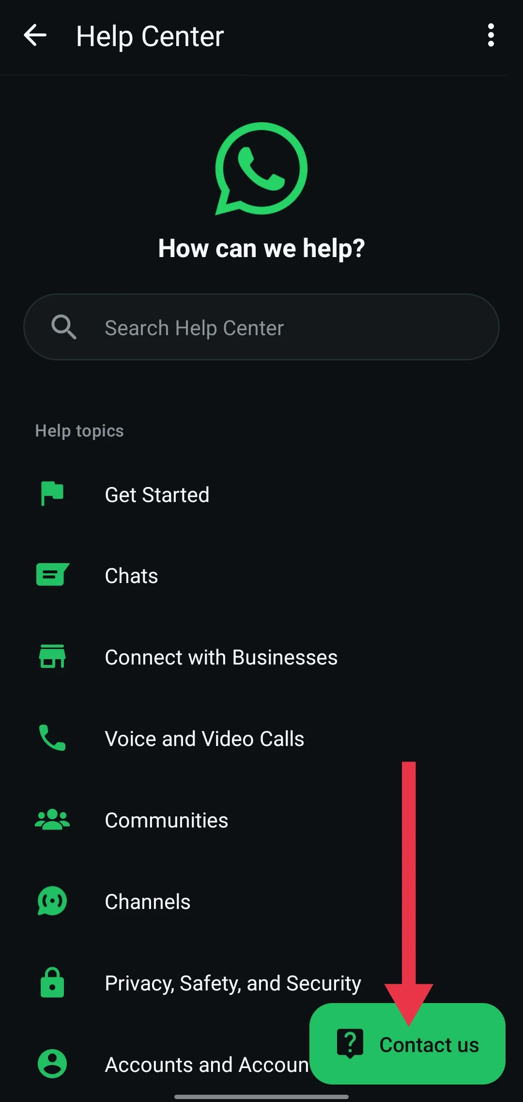 WhatsApp Contact Us screen