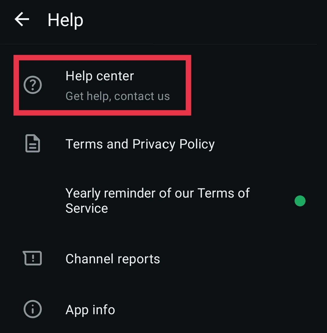 WhatsApp Help Center section that provides support options and FAQs