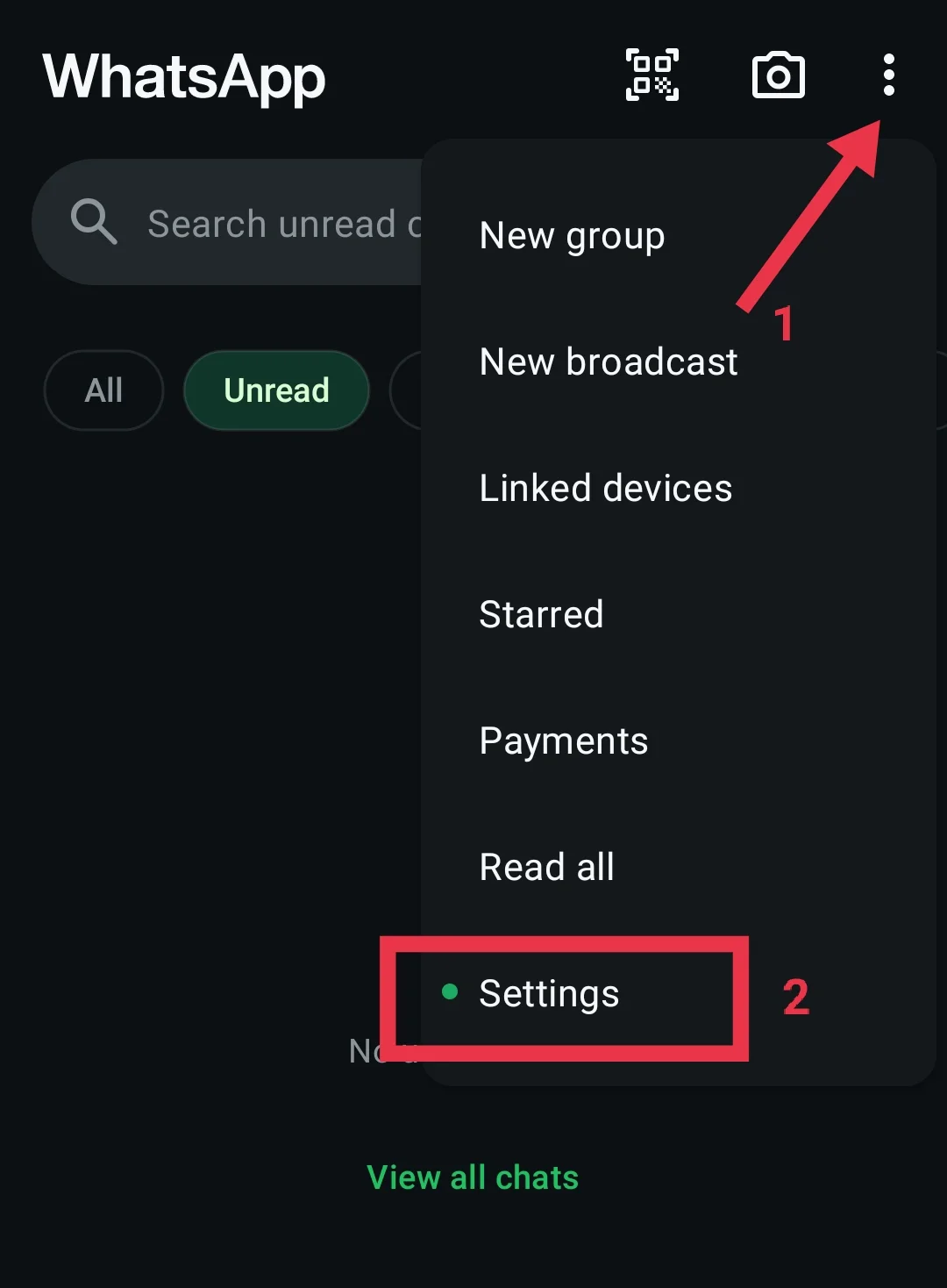 WhatsApp settings screen where users can manage account, chats, notifications, and more
