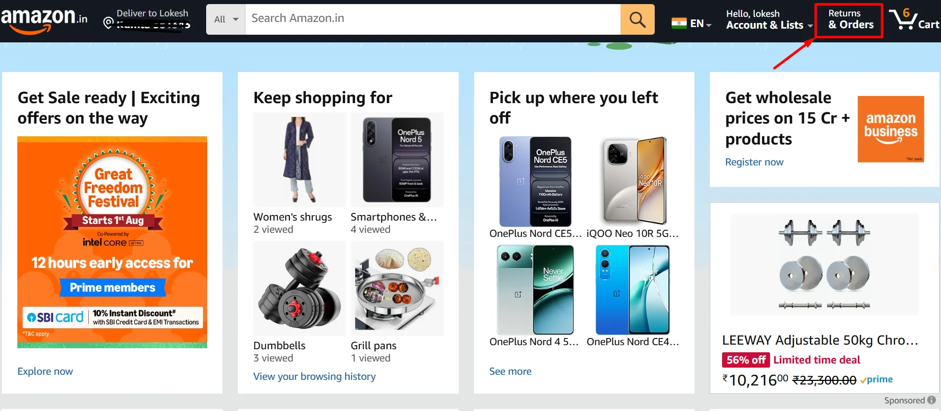 Amazon desktop screen showing the Returns and Orders option