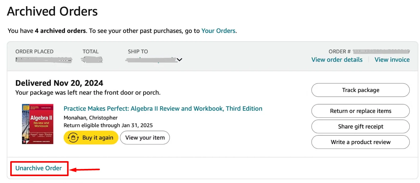 Unarchive Order button under a previously archived Amazon order