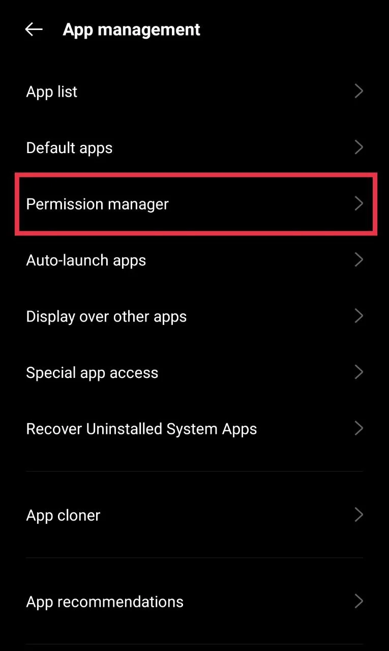 Android settings showing the Permissions Manager option to manage app access