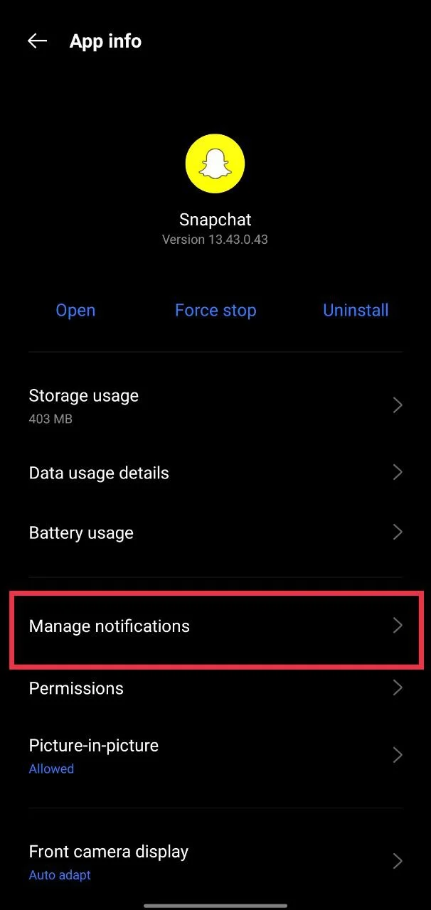 Go to Android Settings > Notifications to manage Snapchat notification settings