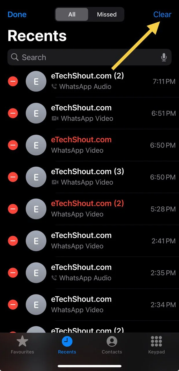 Tap the Clear option in the top-left corner to delete all call logs on iPhone, including WhatsApp calls