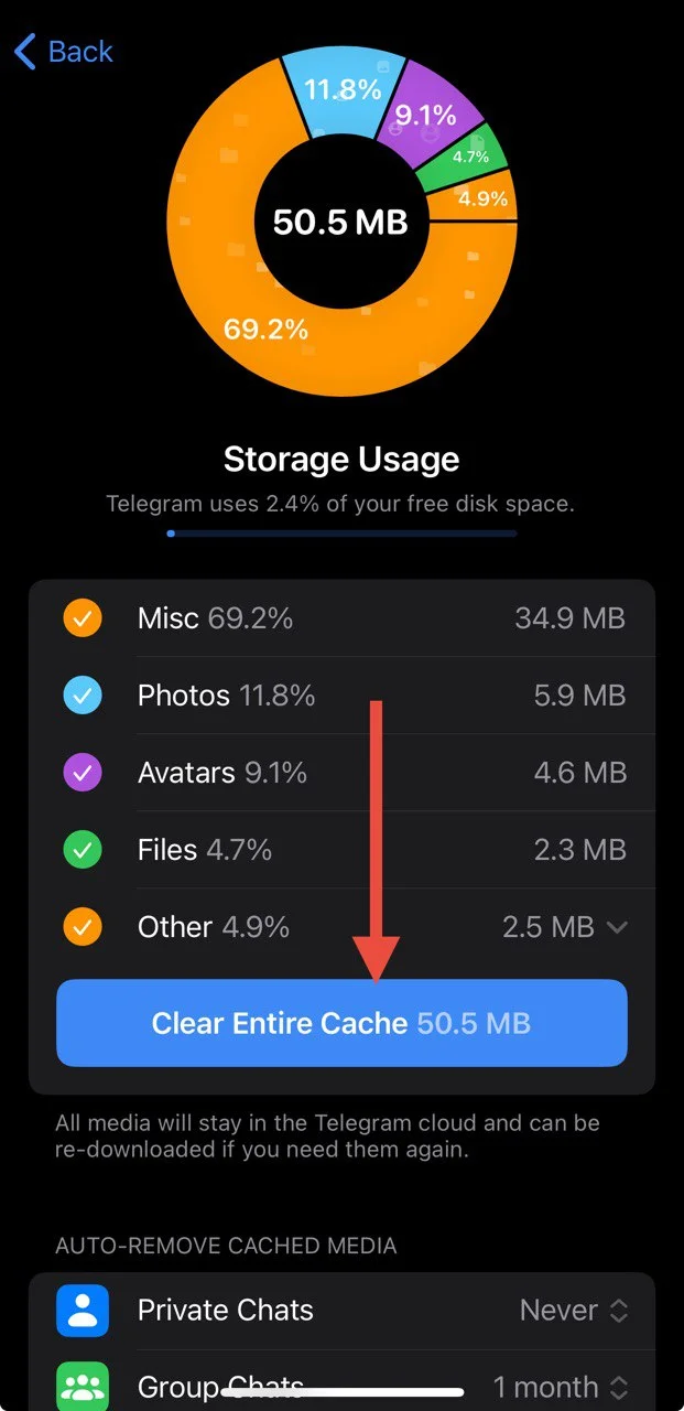 Clear entire cache in Telegram app on iOS