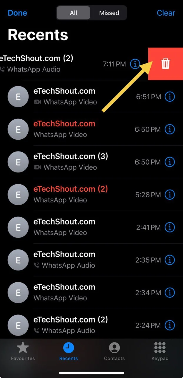 Remove WhatsApp calls from iPhone call history by swiping left and tapping Delete