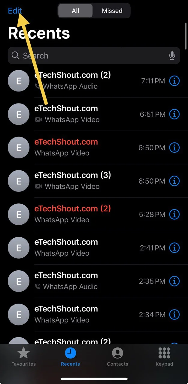 Tap the Edit button in the top-right corner of the iPhone Phone app to manage call history