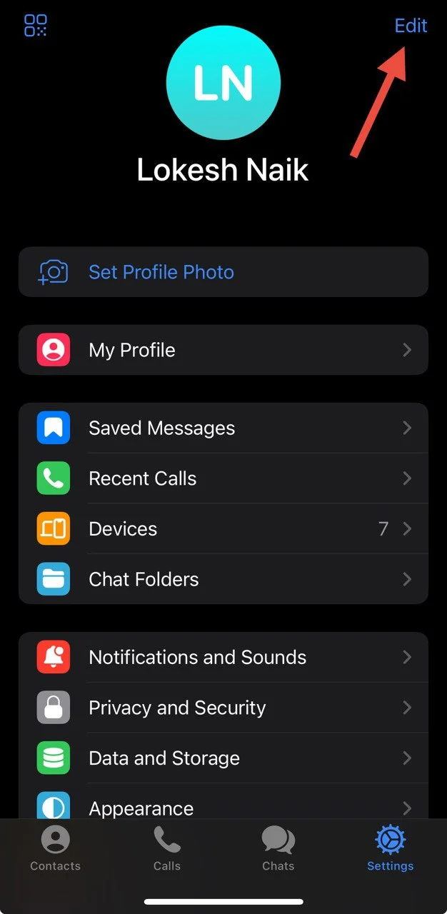 Access profile edit option in Telegram iOS settings before logging out