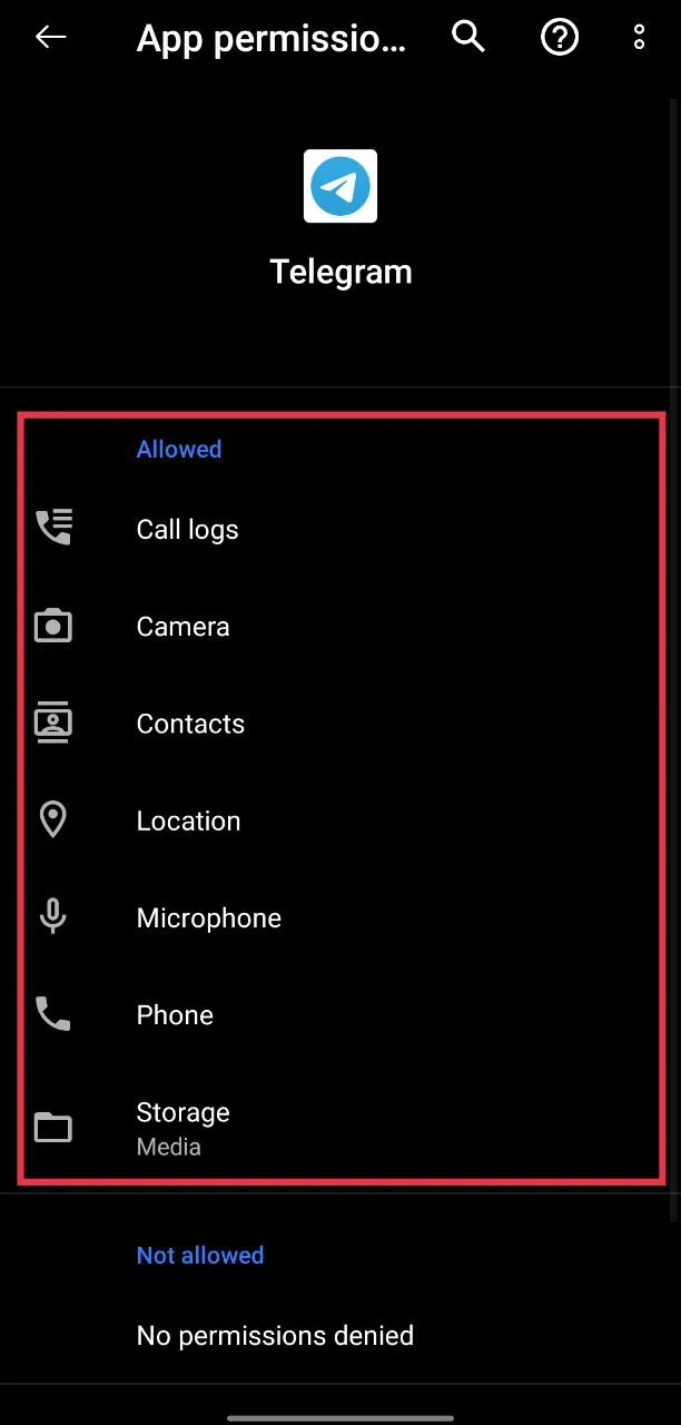 Allow all required permissions in Telegram Android
