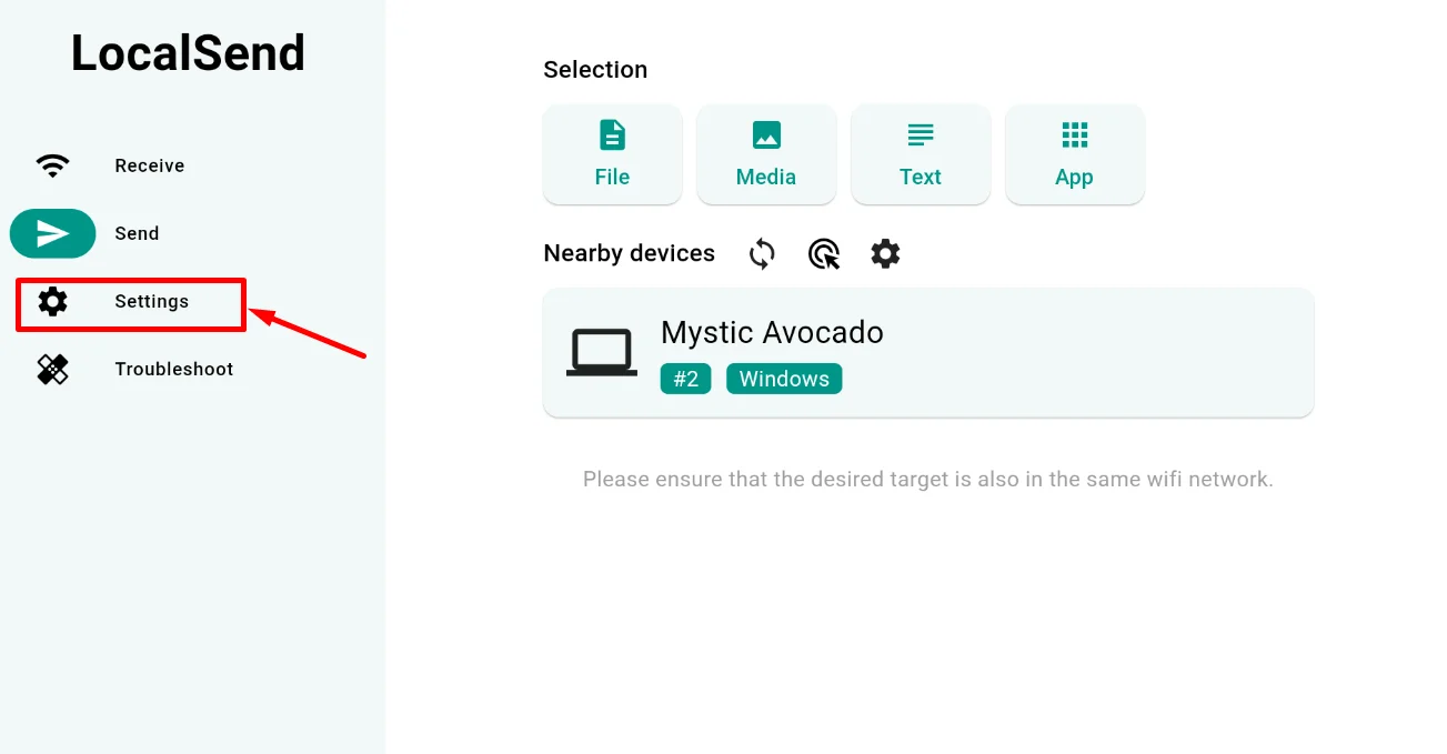 Local Send app settings option
