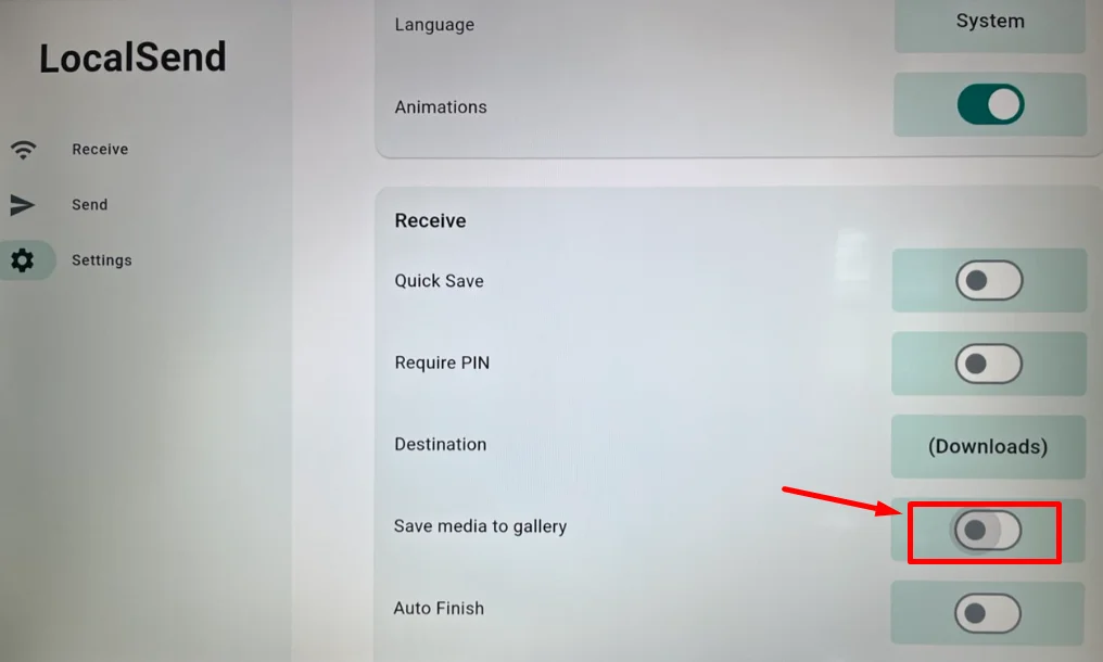 Unchecking the "Save media to gallery" option in Local Send app to fix unsupported file format issue
