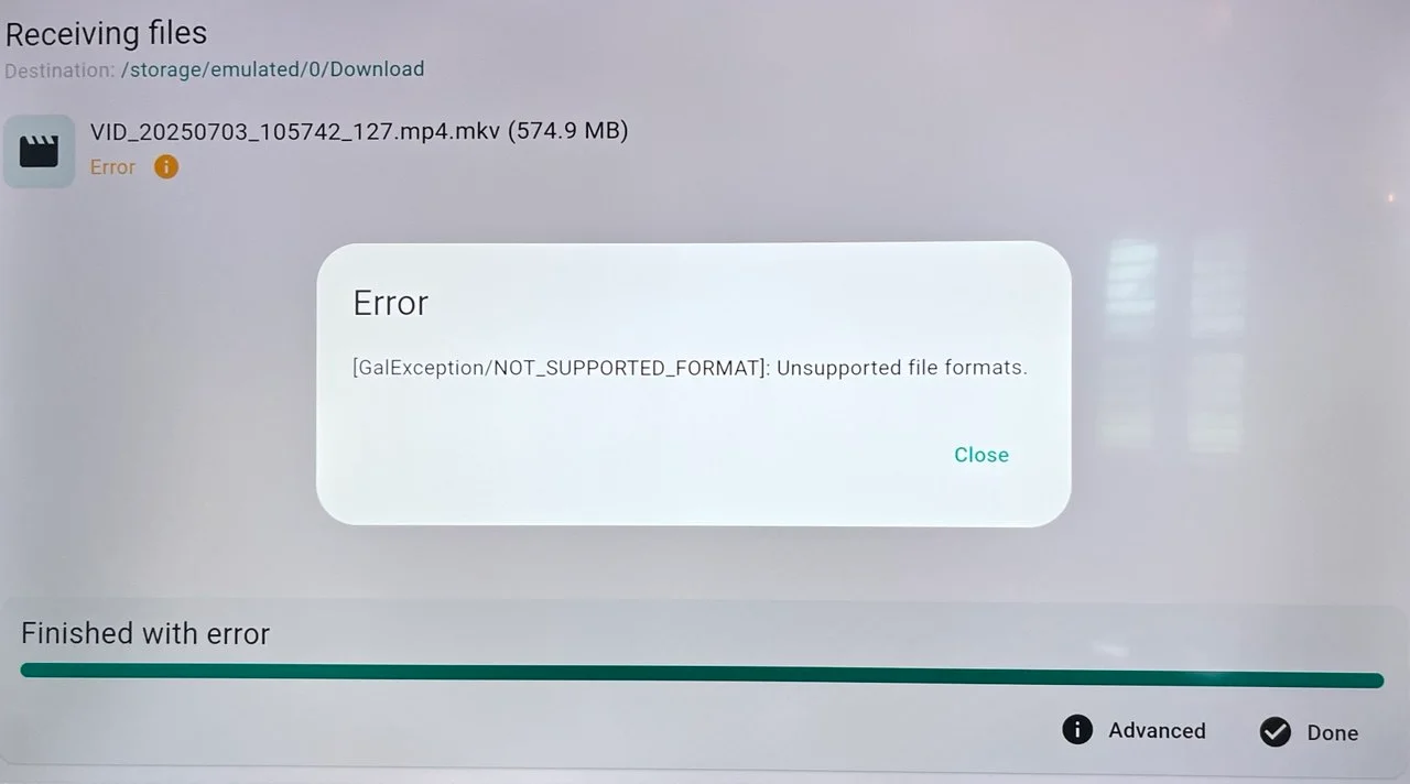 Screenshot showing the [GalException/NOT_SUPPORTED_FORMAT]: Unsupported file formats error on Local Send app