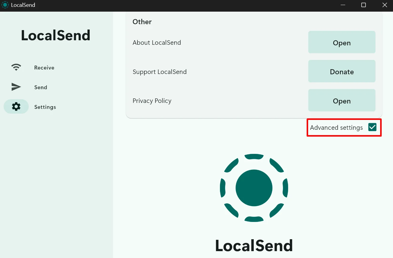 LocalSend settings screen showing Advanced Settings toggle turned on
