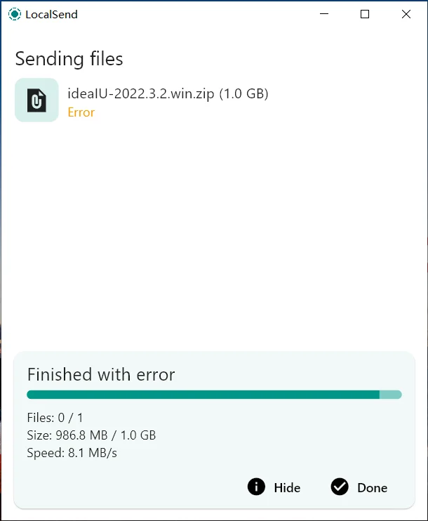 LocalSend screenshot showing “Finished with error” during file transfer