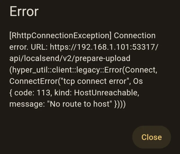 LocalSend screenshot showing “SocketException: No route to host” error on file transfer