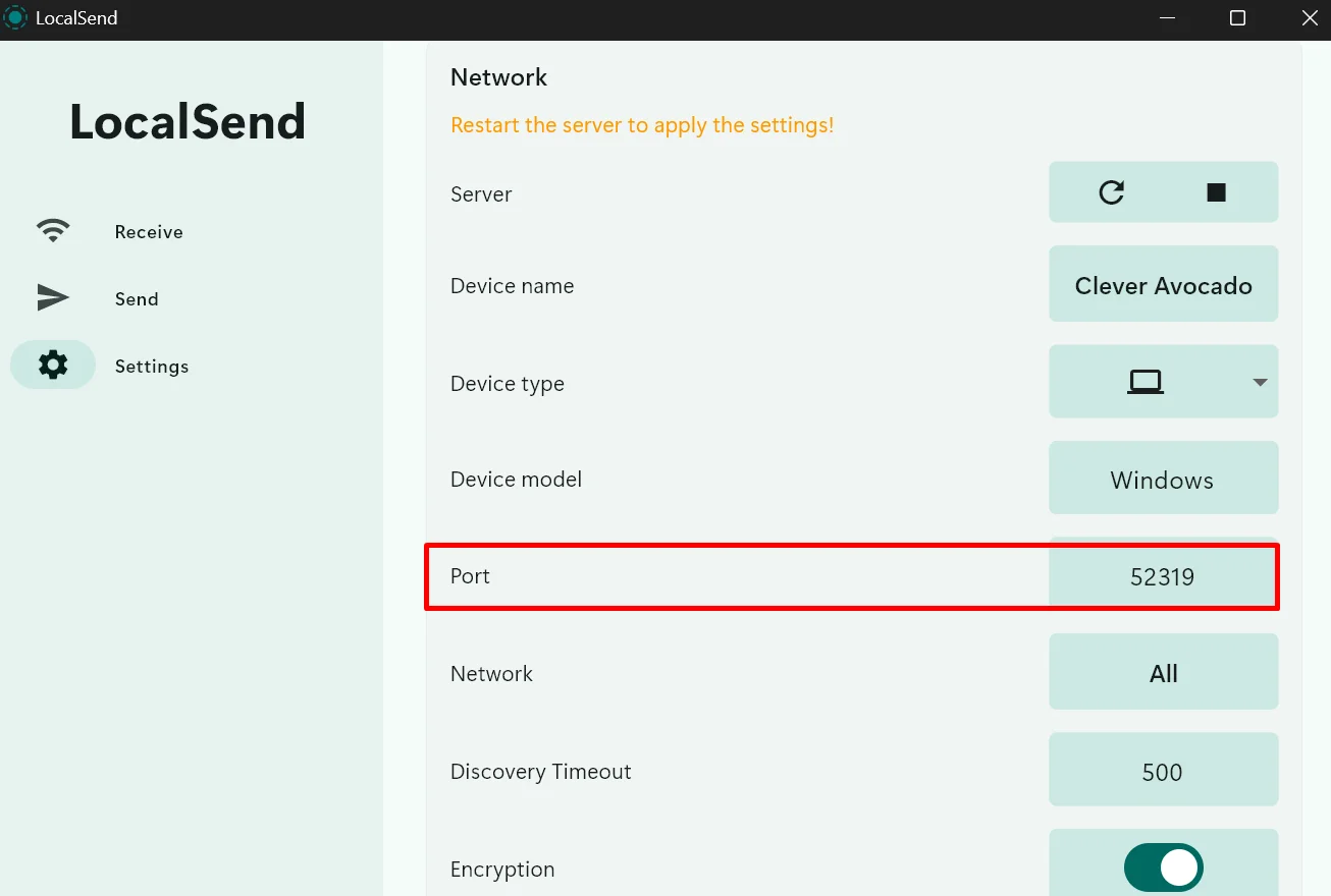 LocalSend network settings screen showing manual change of default port number