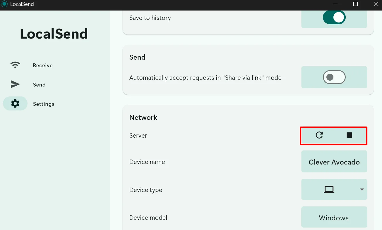 LocalSend settings showing options to restart or stop the server for troubleshooting connection issues