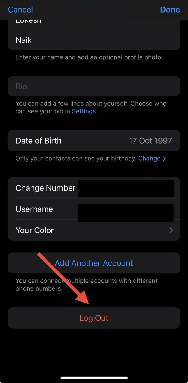 Find logout button in Telegram iOS settings