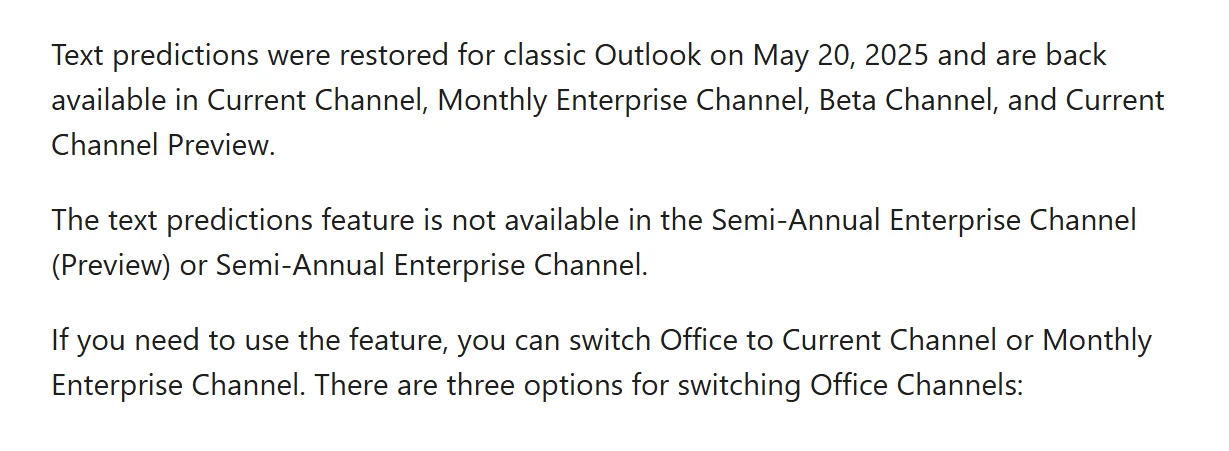 Screenshot showing Microsoft’s official note confirming text predictions availability is limited to specific Outlook update channels