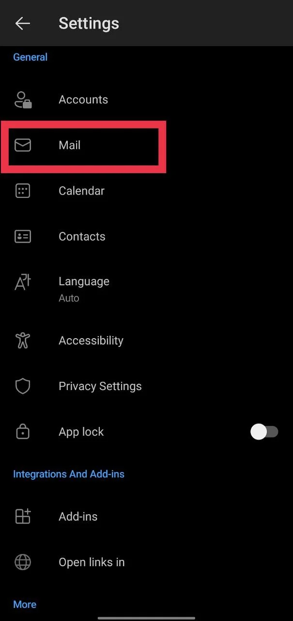 Tap on Mail inside Outlook mobile settings to manage predictive text and reply suggestions