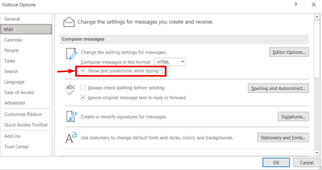 Uncheck the "Show text predictions while typing" option in Outlook Mail settings to turn off suggested words while composing emails