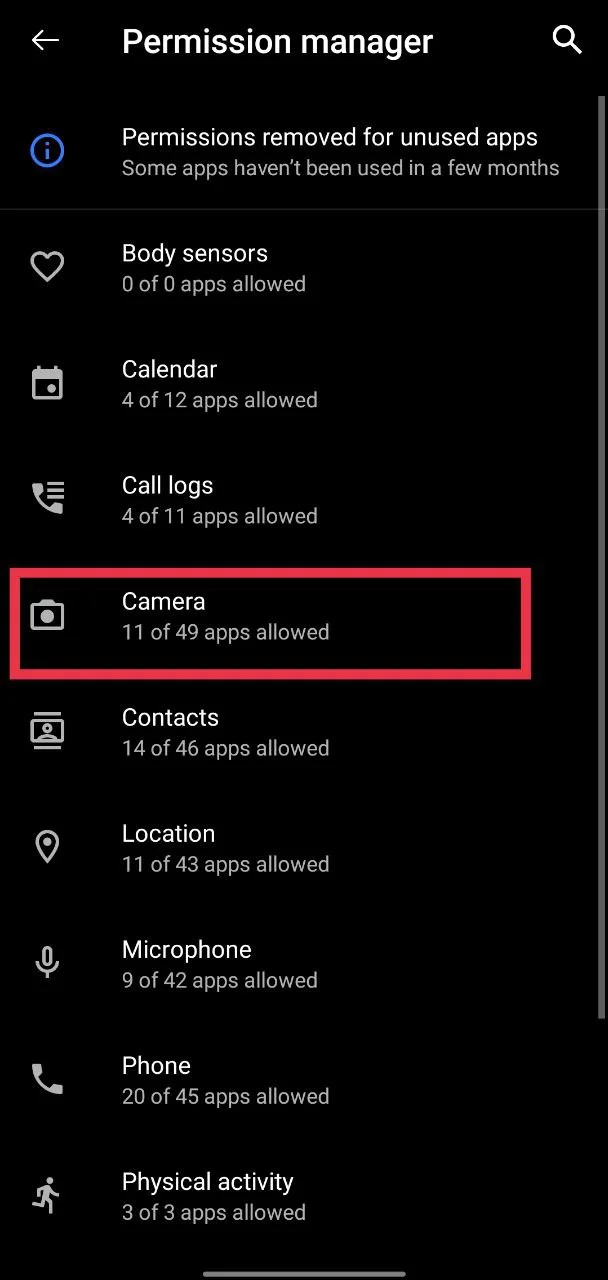 Selecting the Camera option under Permissions Manager on Android