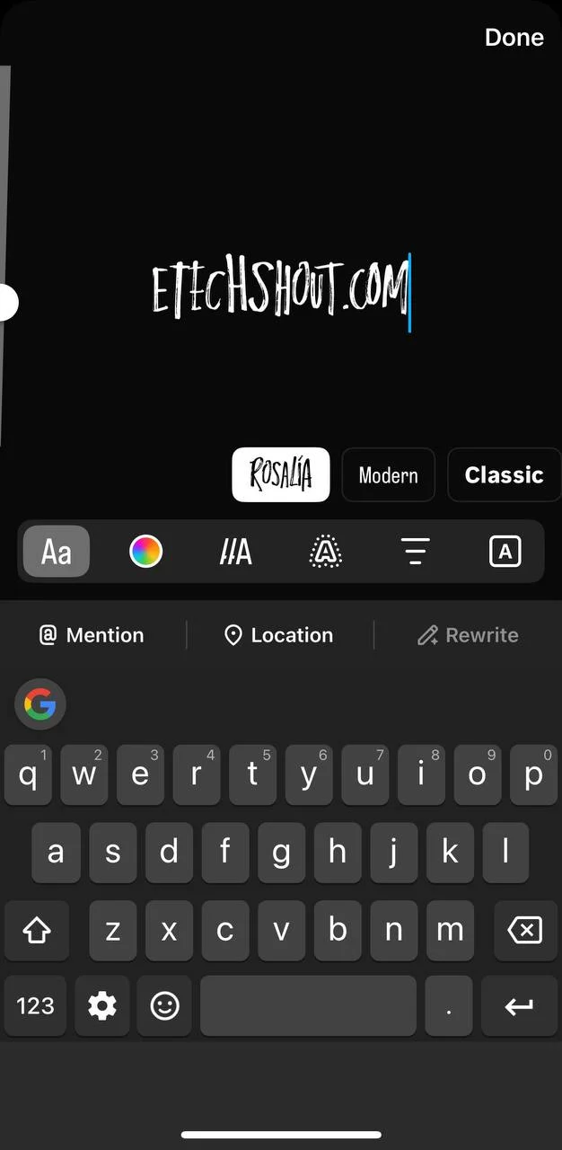 Swipe through fonts and select the Rosalia font in Instagram text editor
