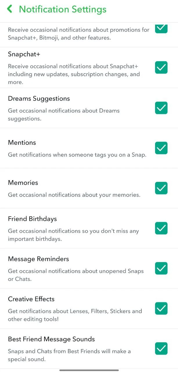 Enable all Snapchat notification options to receive sound alerts