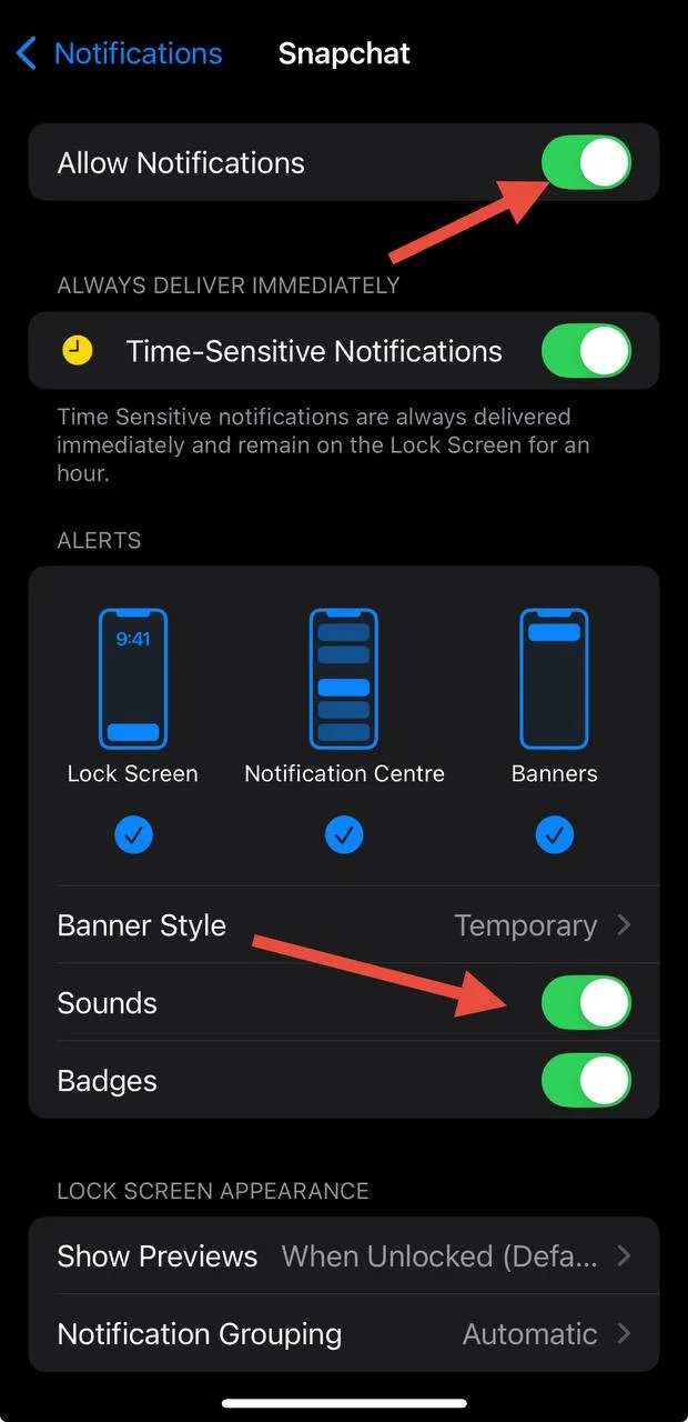 Enable notification and sound for Snapchat app in iPhone settings