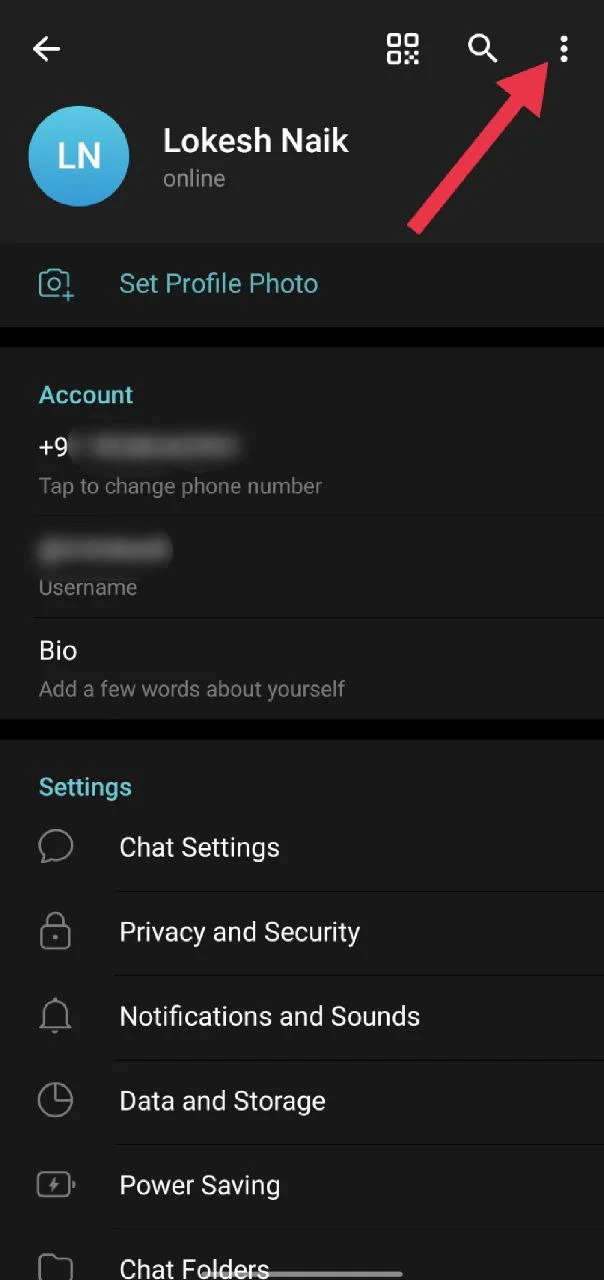Open profile menu on Telegram Android to access settings