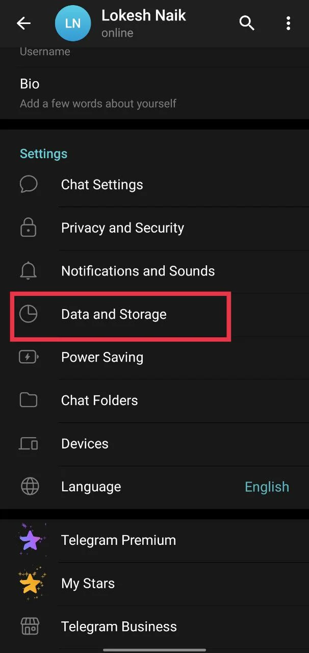 Navigate to Data and Storage settings on Telegram Android