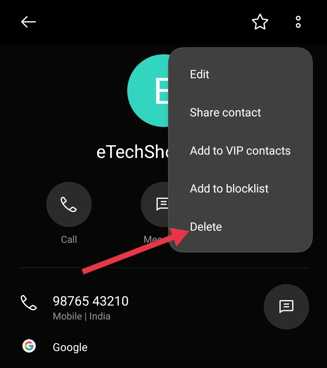 Tap the three dots in top right corner of contacts on Android