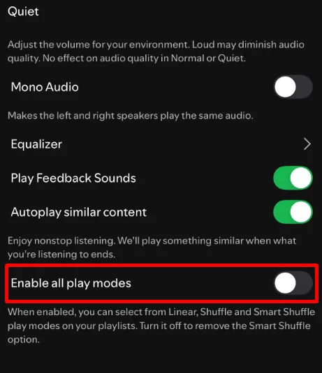 Switch off "Enable all play modes" to remove Smart Shuffle from shuffle options