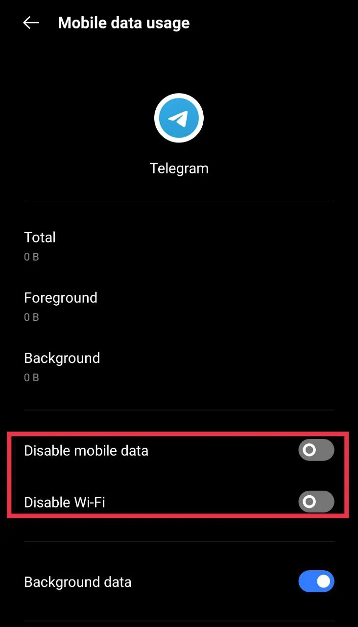 Make sure the Disable WiFi toggle is turned off for Telegram in Android settings