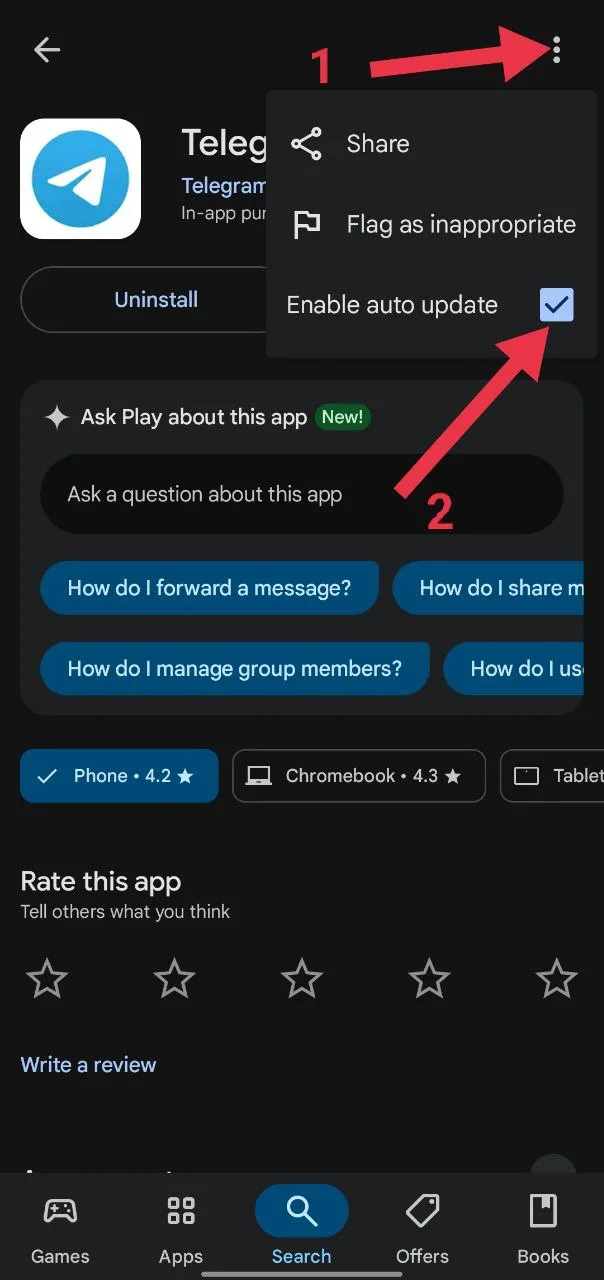 Click Enable auto update for Telegram on Android