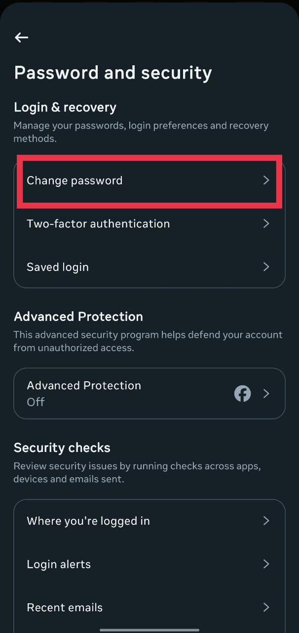 Instagram Password and security section displaying the Change password option