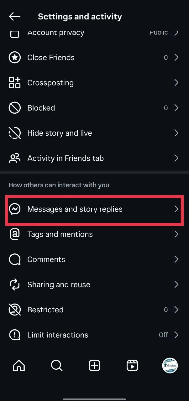 Messages and story replies option in Instagram privacy settings
