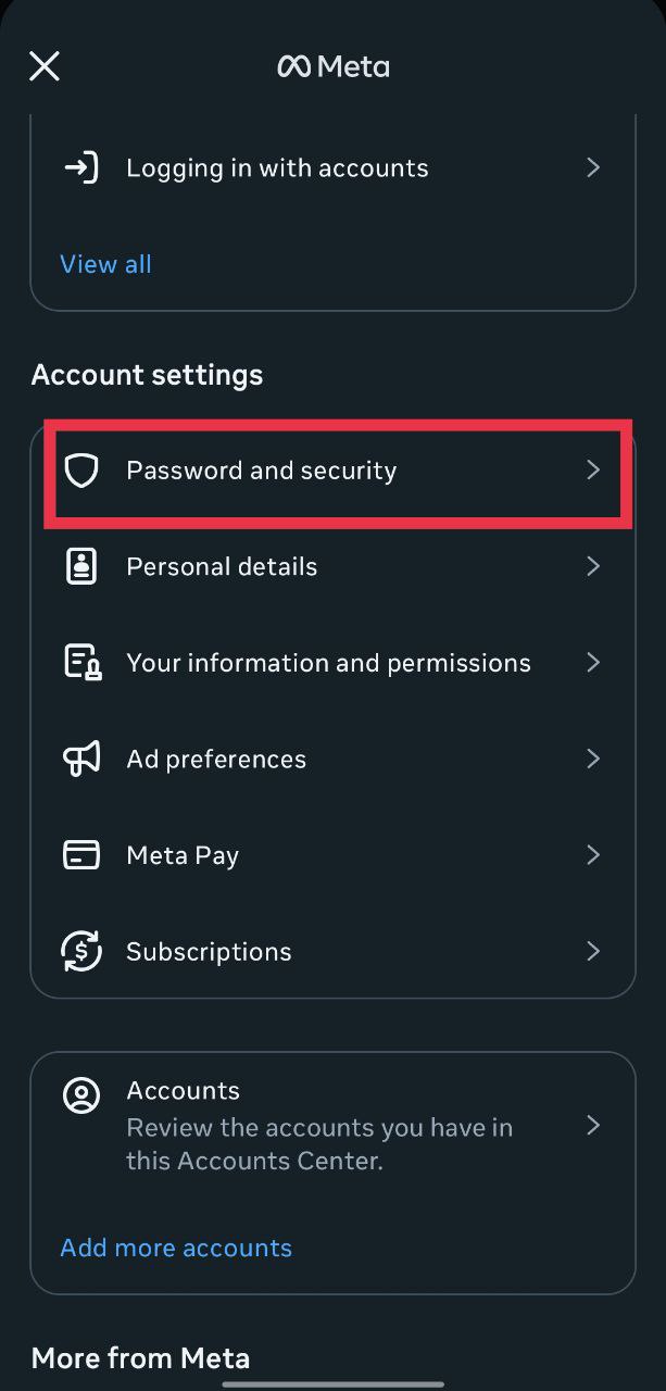 Instagram settings showing the Password and security option