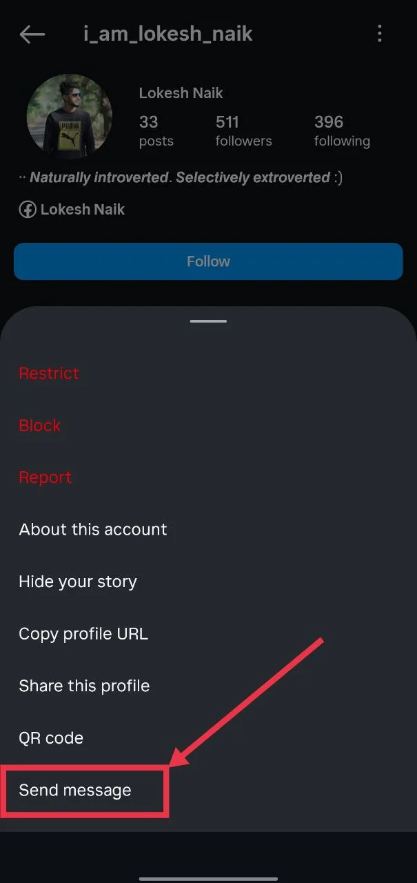 Select “Send Message” option to start a conversation with a private account
