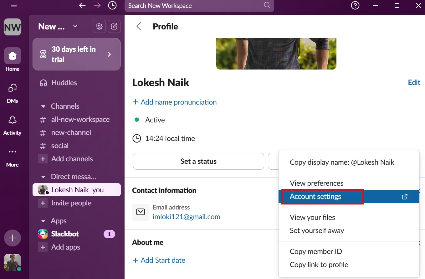 Select "Account settings" to open your Slack account page in the browser