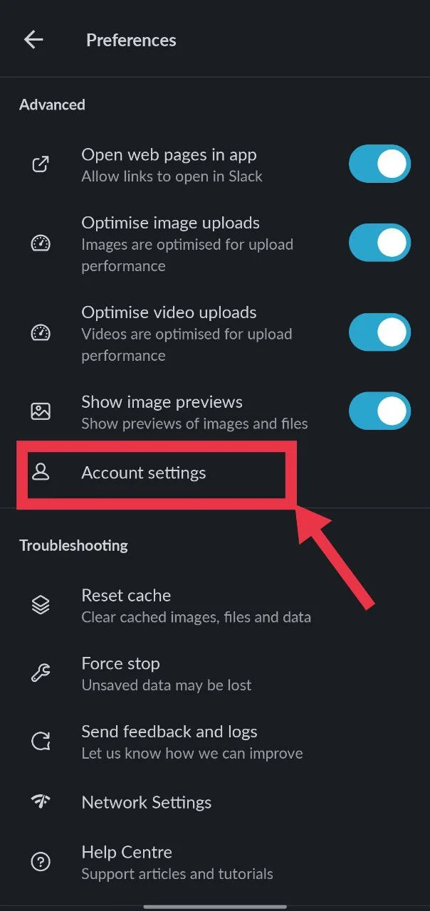 Scroll down and tap "Account settings" to open account options in your browser