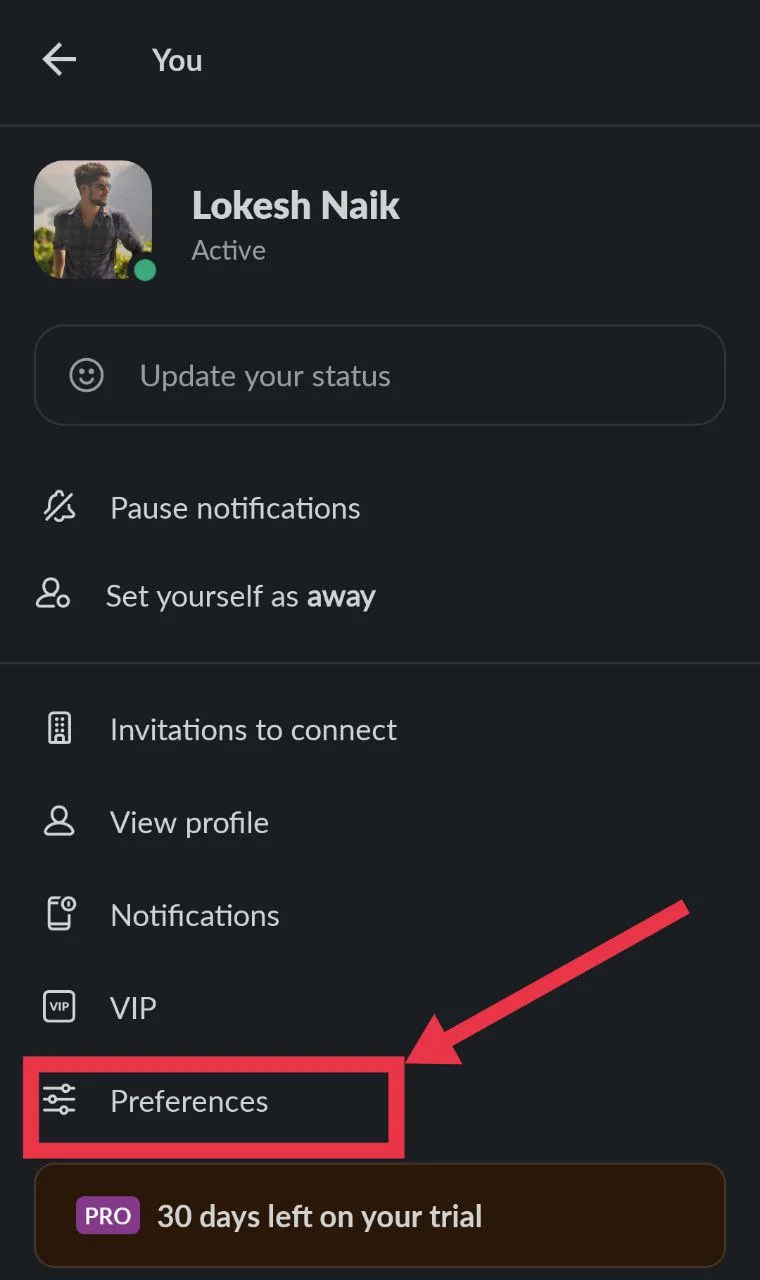 Tap on "Preferences" from the profile menu in the Slack mobile app