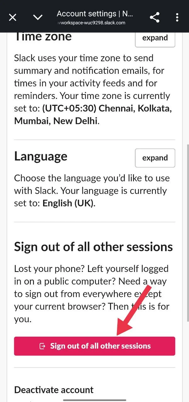 Scroll and tap "Sign out of all other sessions" to log out of Slack on all other devices from mobile