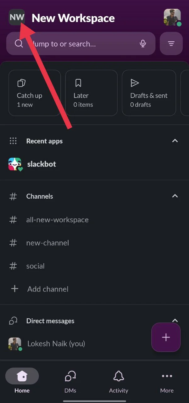 Tap the top left corner in Slack mobile app to view your workspace and access the logout option