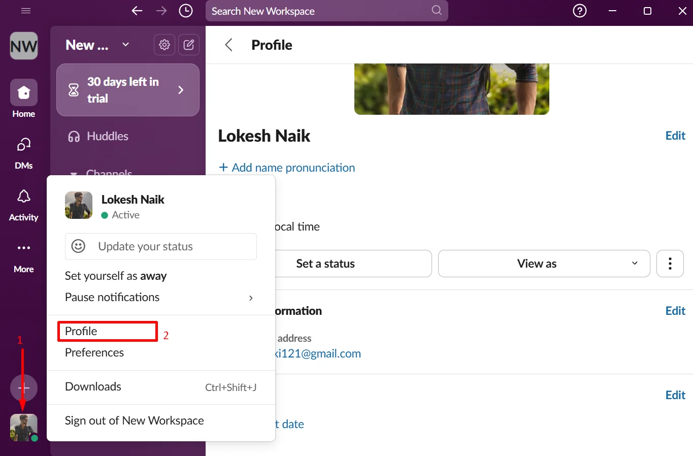 Click on your profile picture from the Slack sidebar to access account options