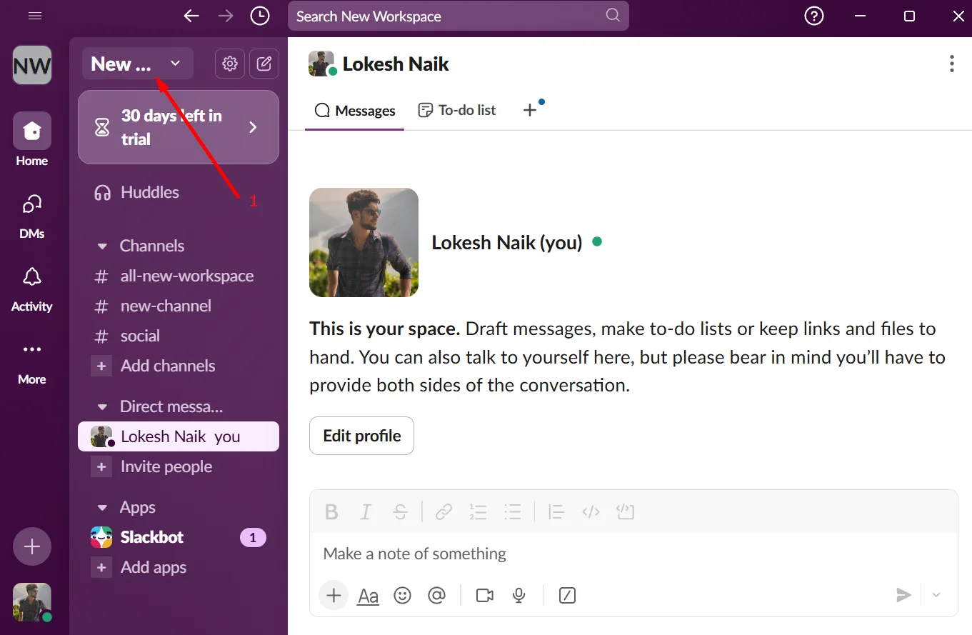 Click the workspace name in the top left corner of Slack to open the logout menu