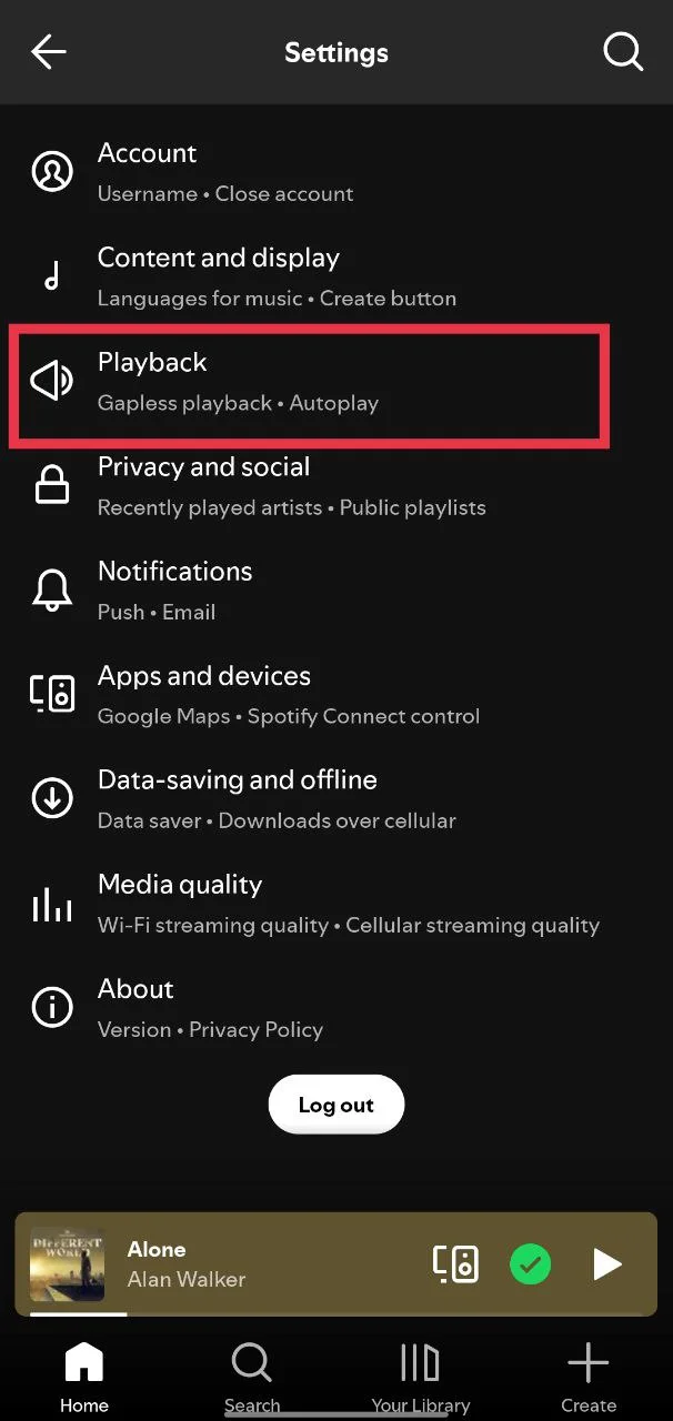 Tap on Playback in Spotify settings